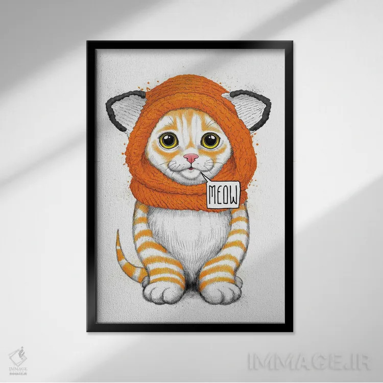 تابلو دکوراتیو بچه گربه با کلاه روباه اثر نیکیتا کورنکوف - نمای قابدار مشکی