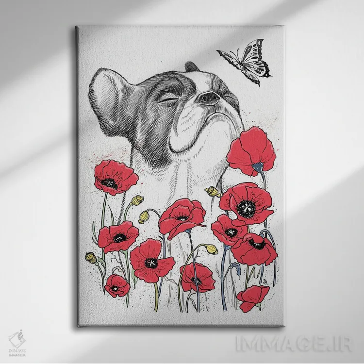 تابلو دکوراتیو پاگ در میان گل شقایق اثر نیکیتا کورنکوف - نمای روبهرو روی دیوار