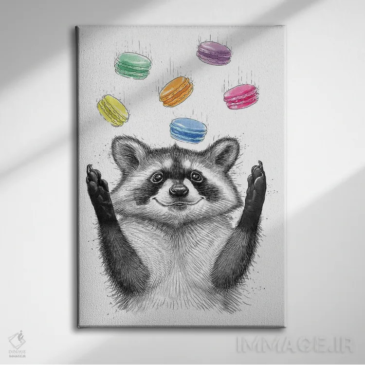 تابلو دکوراتیو راکون و کلوچه ها اثر نیکیتا کورنکوف - نمای روبهرو روی دیوار