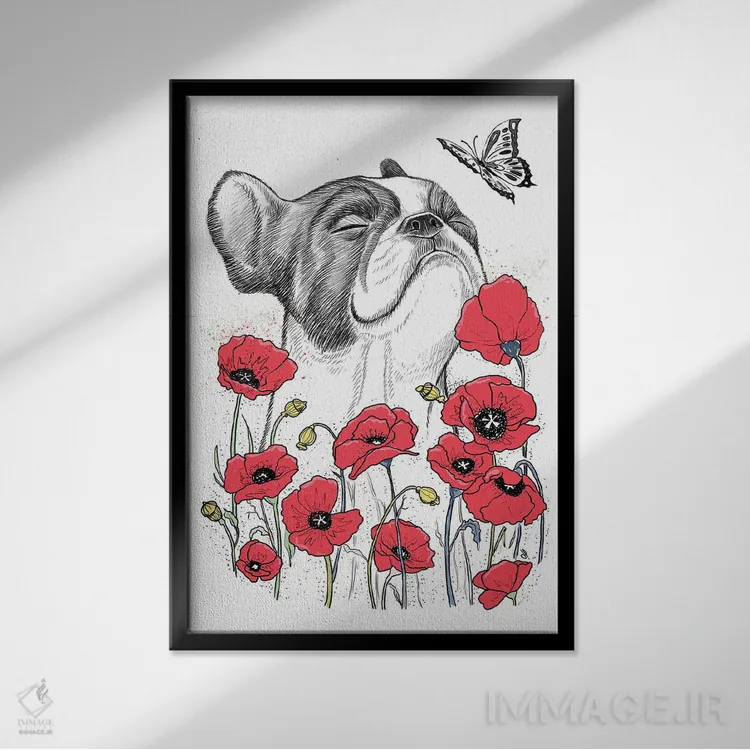 تابلو دکوراتیو پاگ در میان گل شقایق اثر نیکیتا کورنکوف - نمای قابدار مشکی