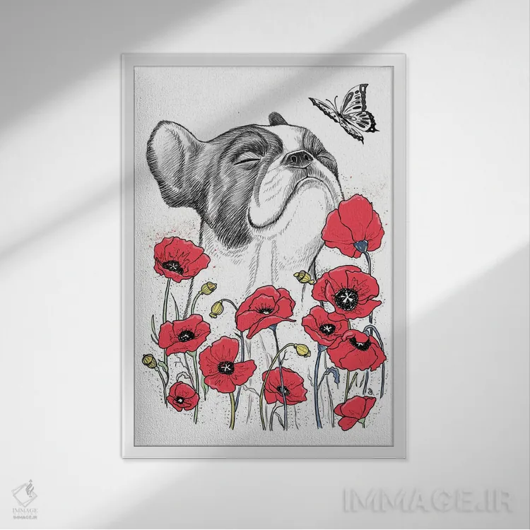 تابلو دکوراتیو پاگ در میان گل شقایق اثر نیکیتا کورنکوف - نمای قابدار سفید