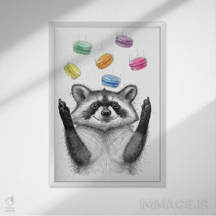 تابلو دکوراتیو راکون و کلوچه ها اثر نیکیتا کورنکوف - نمای قابدار سفید