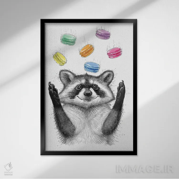 تابلو دکوراتیو راکون و کلوچه ها اثر نیکیتا کورنکوف - نمای قابدار مشکی