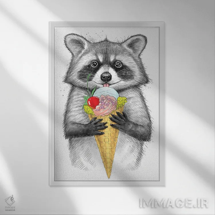 تابلو دکوراتیو راکون با بستنی اثر نیکیتا کورنکوف - نمای قابدار سفید