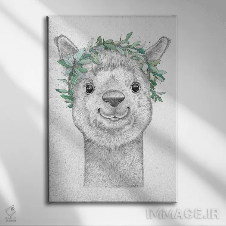 تابلو دکوراتیو آلپاکا با حلقه گل اثر نیکیتا کورنکوف - نمای روبهرو روی دیوار