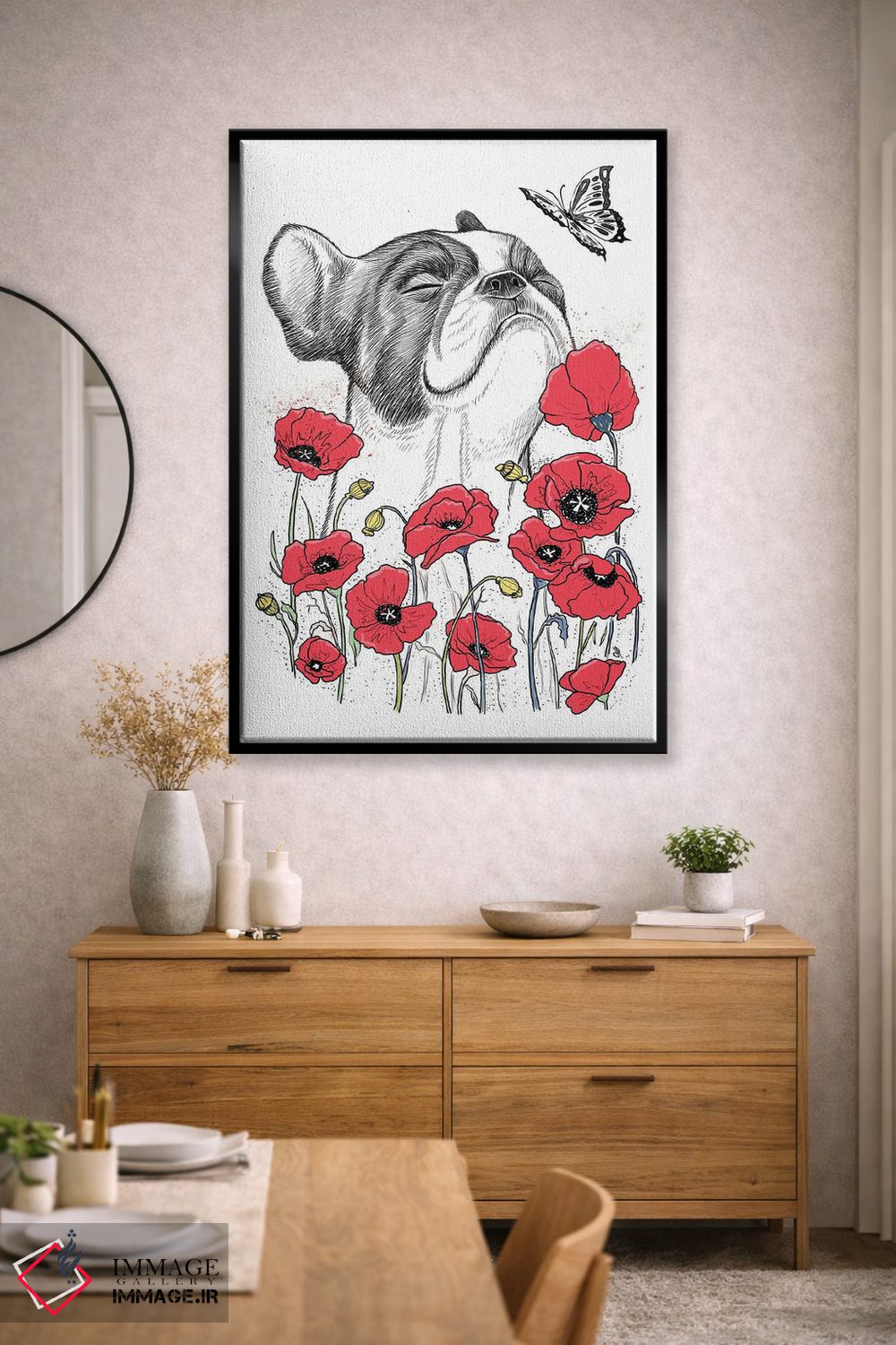 تابلو دکوراتیو پاگ در میان گل شقایق اثر نیکیتا کورنکوف - D2B