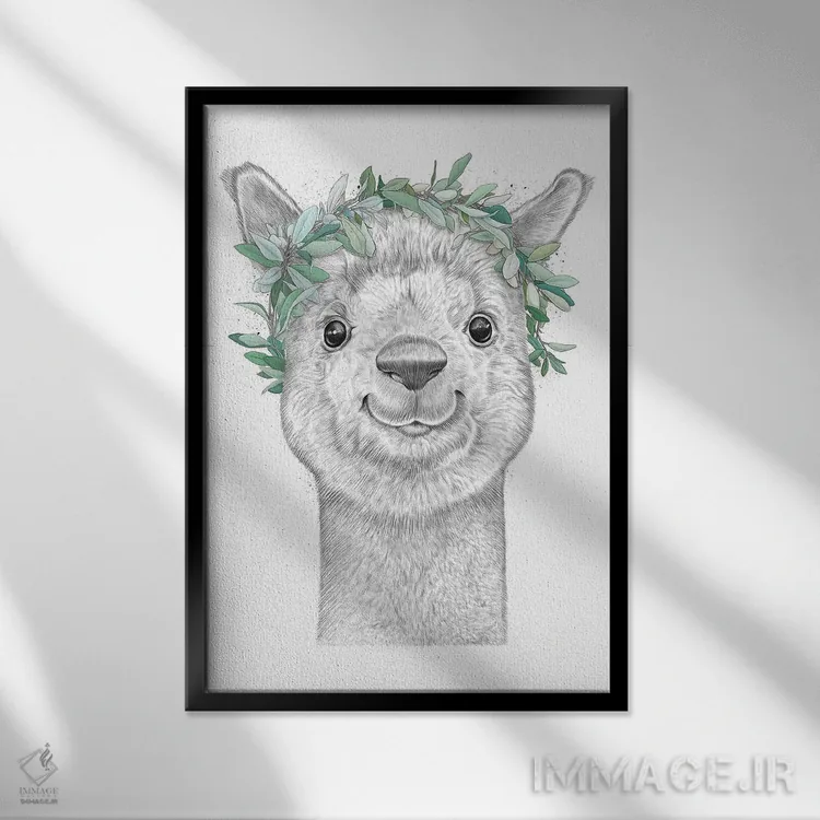 تابلو دکوراتیو آلپاکا با حلقه گل اثر نیکیتا کورنکوف - نمای قابدار مشکی