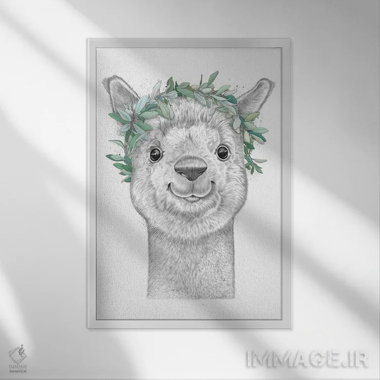 تابلو دکوراتیو آلپاکا با حلقه گل اثر نیکیتا کورنکوف - نمای قابدار سفید