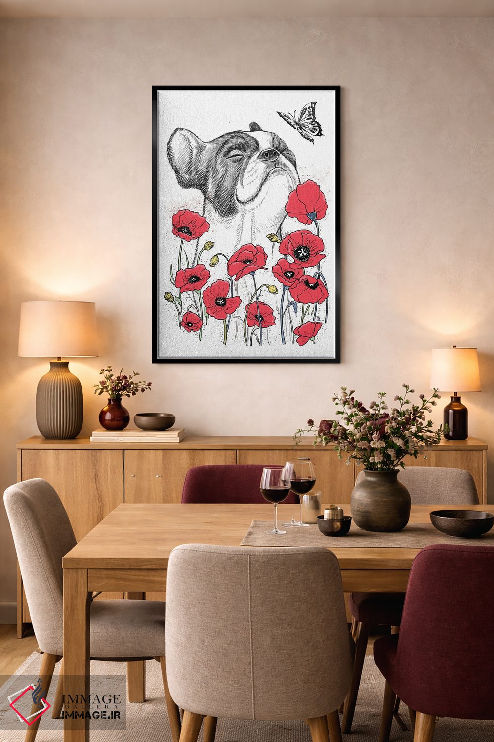 تابلو دکوراتیو پاگ در میان گل شقایق اثر نیکیتا کورنکوف - D5B