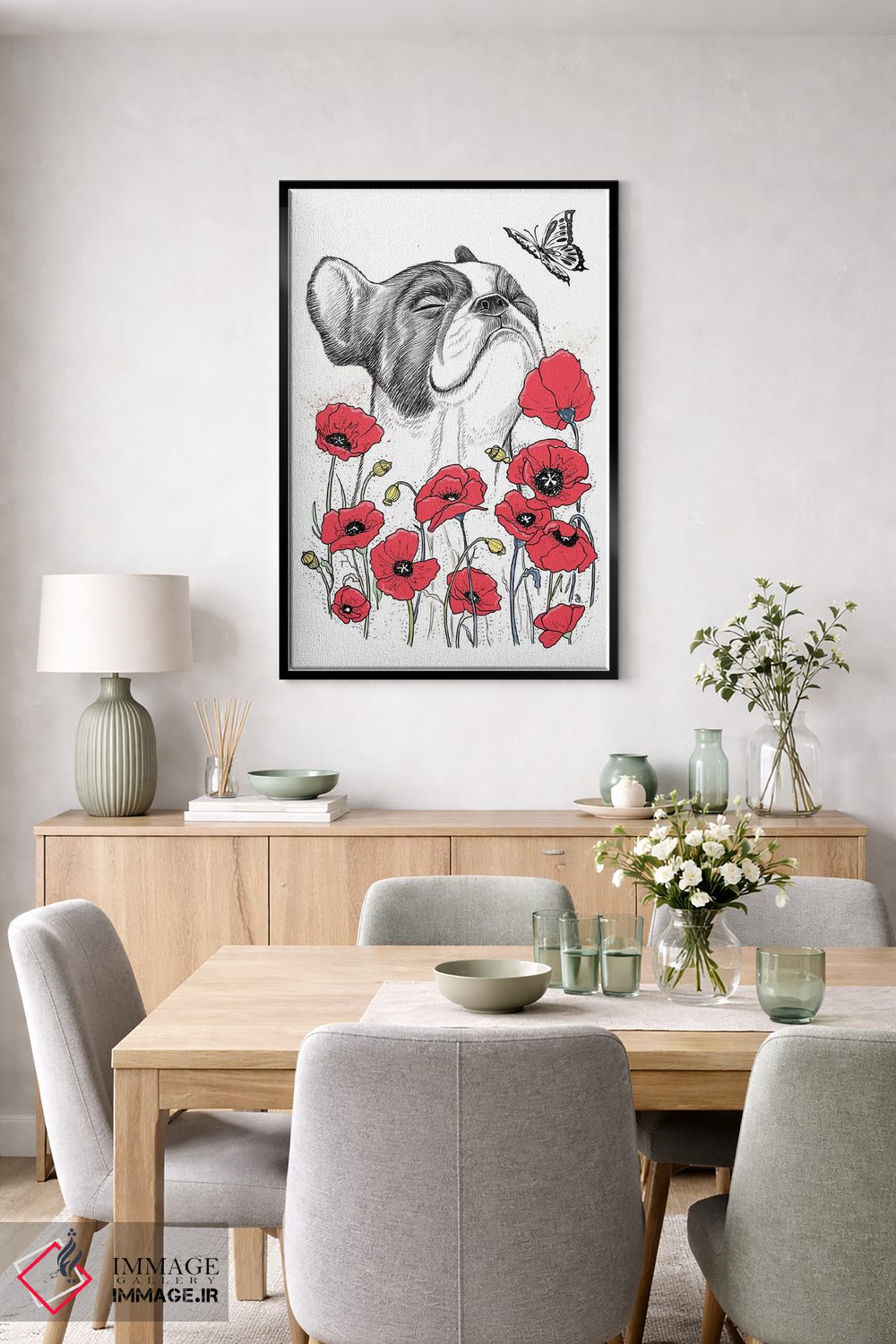 تابلو دکوراتیو پاگ در میان گل شقایق اثر نیکیتا کورنکوف - D6B