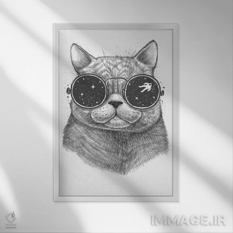 تابلو دکوراتیو گربه فضایی اثر نیکیتا کورنکوف - نمای قابدار سفید