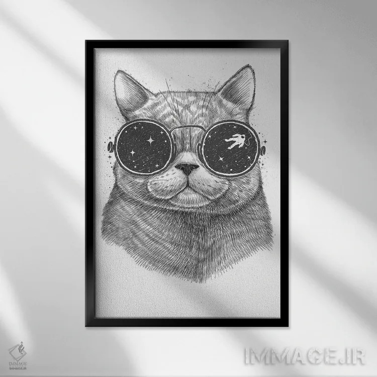 تابلو دکوراتیو گربه فضایی اثر نیکیتا کورنکوف - نمای قابدار مشکی
