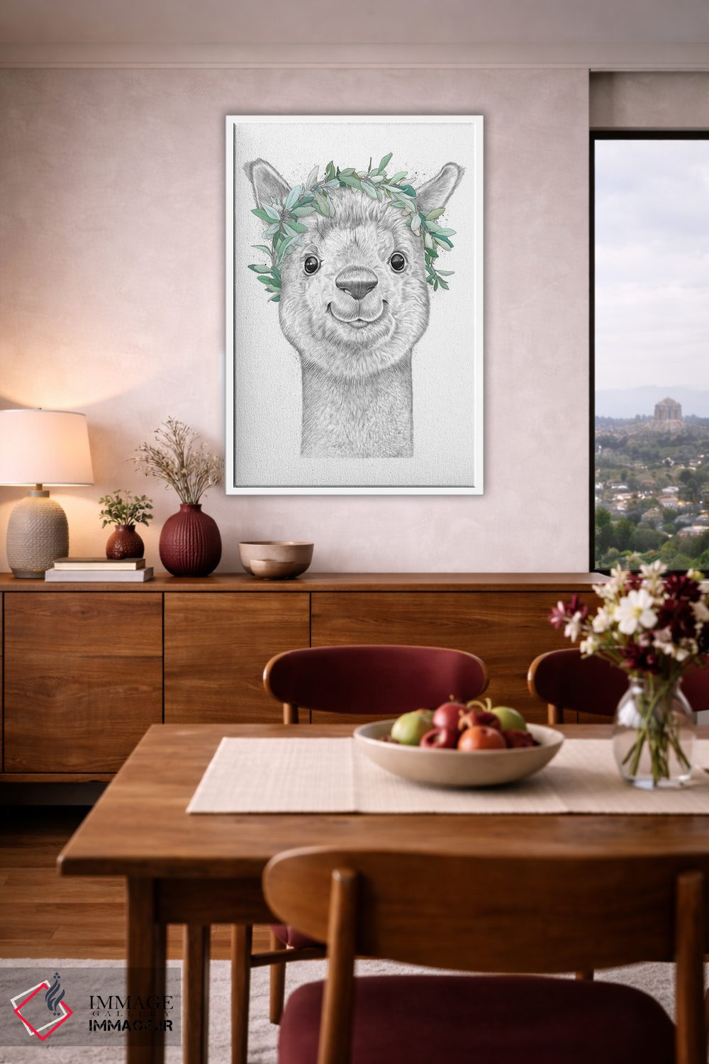 تابلو دکوراتیو آلپاکا با حلقه گل اثر نیکیتا کورنکوف - D4W