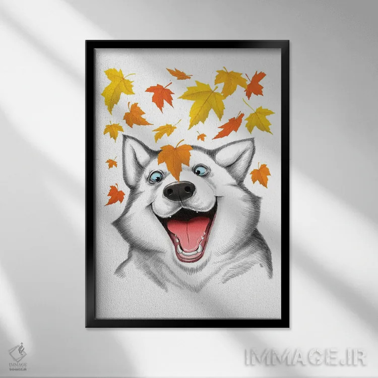 تابلو دکوراتیو هاسکی پاییزی اثر نیکیتا کورنکوف - نمای قابدار مشکی