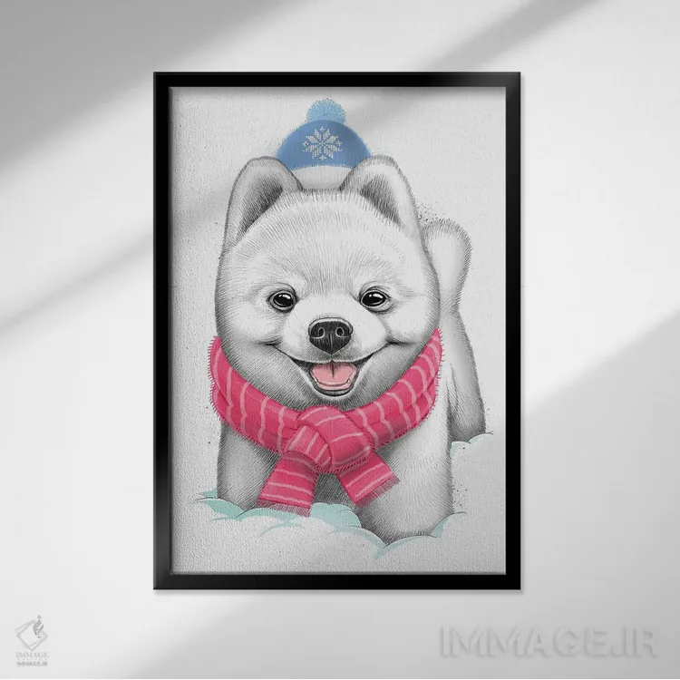تابلو دکوراتیو توله سگ برفی اثر نیکیتا کورنکوف - نمای قابدار مشکی