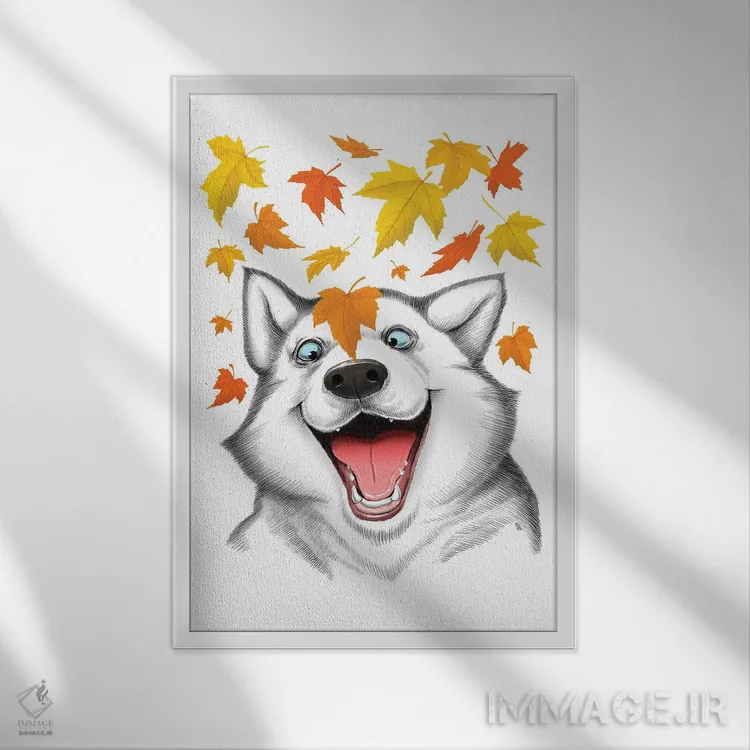 تابلو دکوراتیو هاسکی پاییزی اثر نیکیتا کورنکوف - نمای قابدار سفید