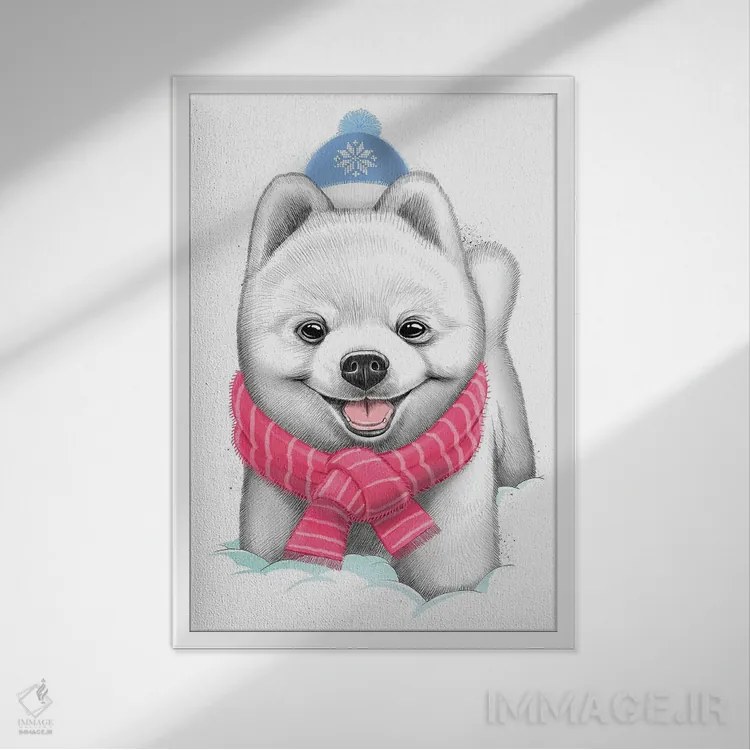 تابلو دکوراتیو توله سگ برفی اثر نیکیتا کورنکوف - نمای قابدار سفید