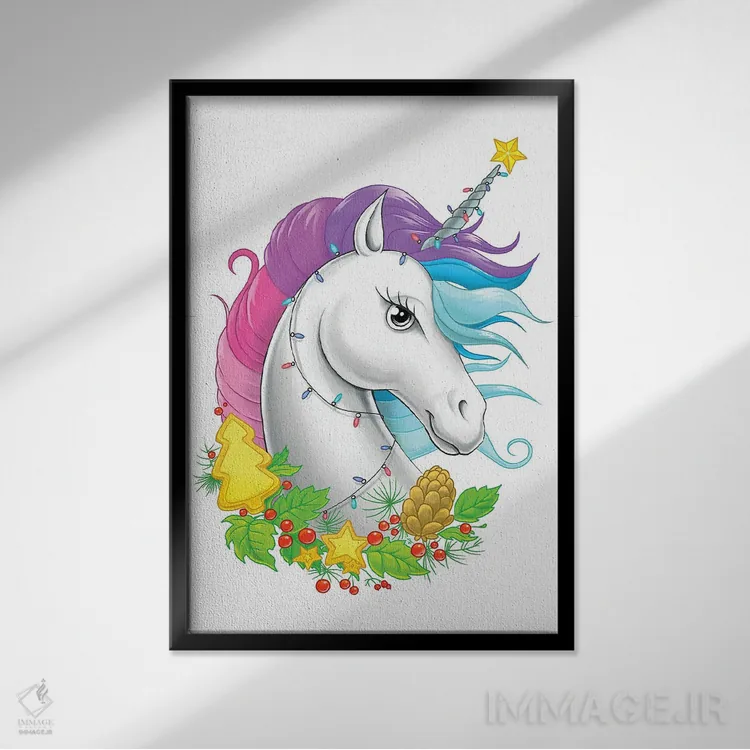 تابلو دکوراتیو یونیکورن کریسمسی اثر نیکیتا کورنکوف - نمای قابدار مشکی