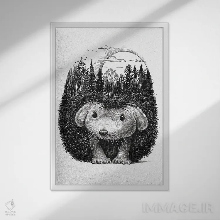 تابلو دکوراتیو جوجه تیغی جنگلی اثر نیکیتا کورنکوف - نمای قابدار سفید