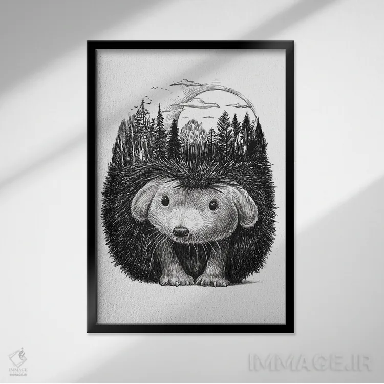 تابلو دکوراتیو جوجه تیغی جنگلی اثر نیکیتا کورنکوف - نمای قابدار مشکی