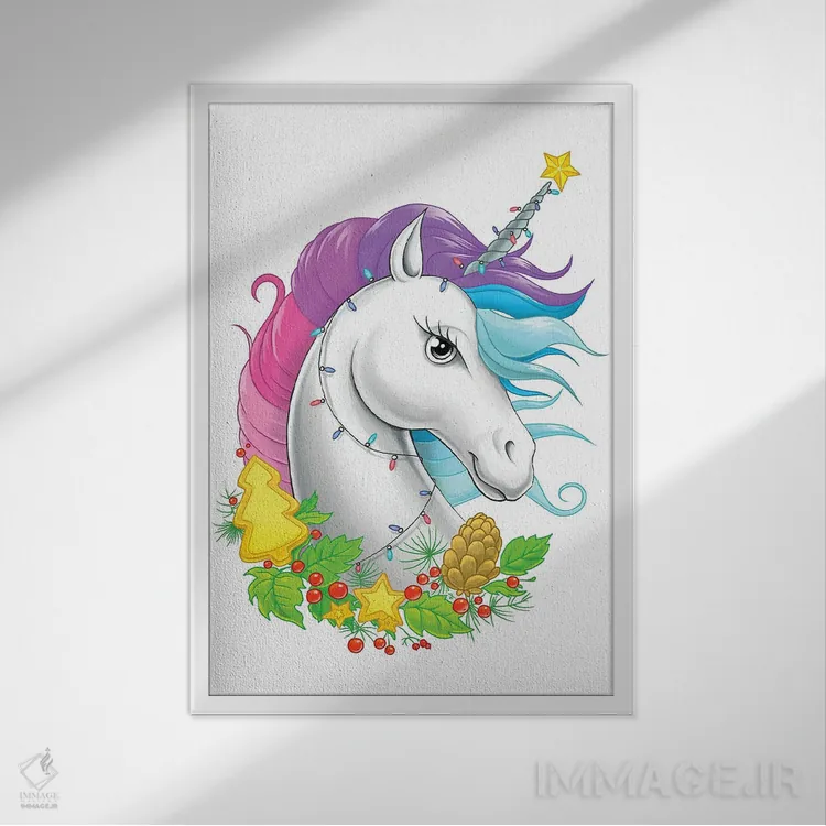 تابلو دکوراتیو یونیکورن کریسمسی اثر نیکیتا کورنکوف - نمای قابدار سفید
