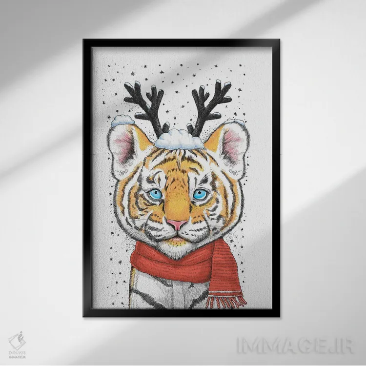 تابلو دکوراتیو ببر کریسمسی اثر نیکیتا کورنکوف - نمای قابدار مشکی