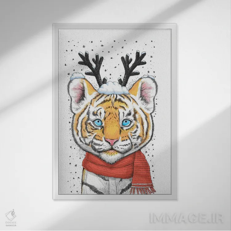 تابلو دکوراتیو ببر کریسمسی اثر نیکیتا کورنکوف - نمای قابدار سفید
