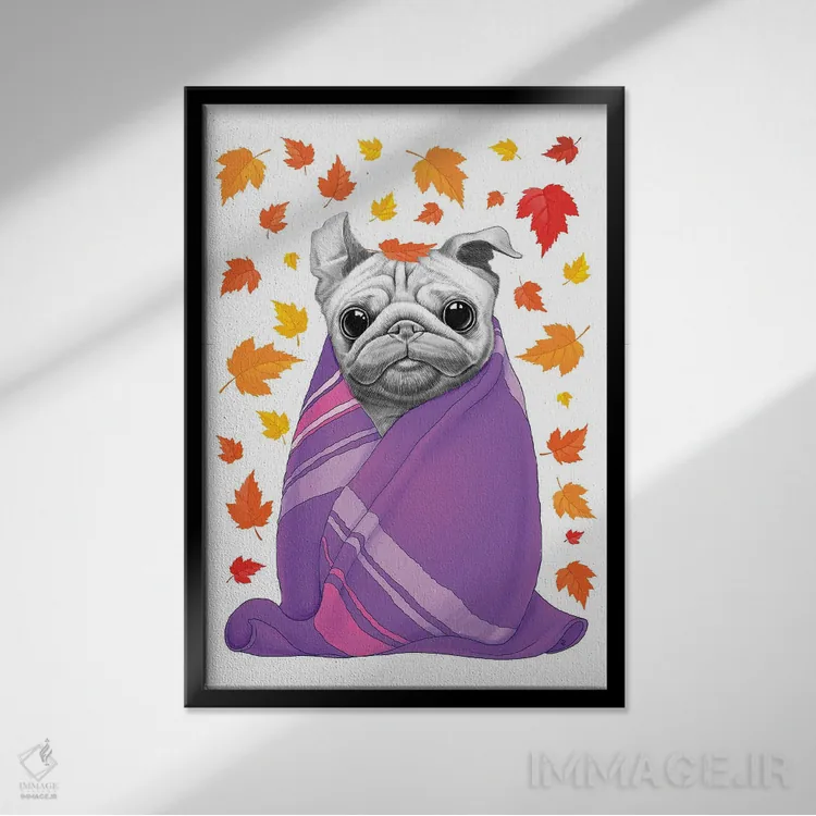 تابلو دکوراتیو پاگ پاییزی با لباس چهارخانه اثر نیکیتا کورنکوف - نمای قابدار مشکی