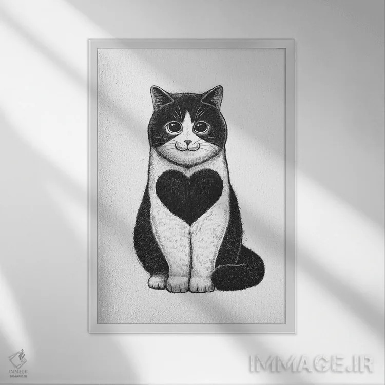 تابلو دکوراتیو گربه با قلب اثر نیکیتا کورنکوف - نمای قابدار سفید