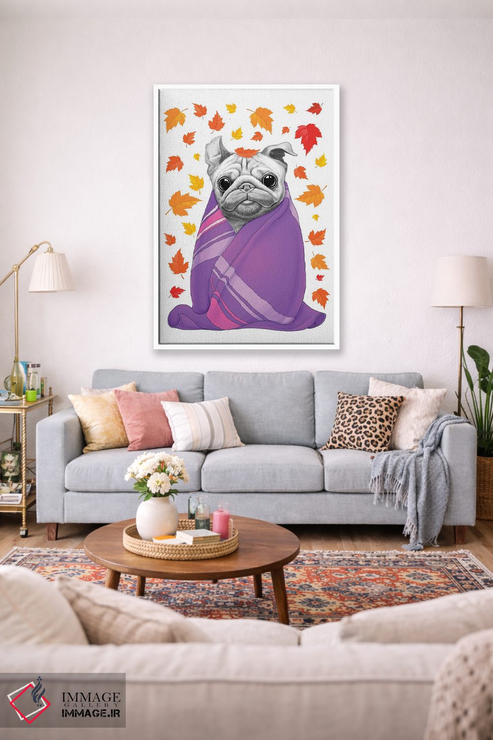 تابلو دکوراتیو پاگ پاییزی با لباس چهارخانه اثر نیکیتا کورنکوف - D1W