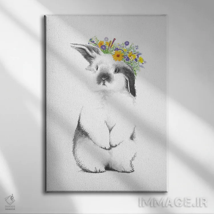 تابلو دکوراتیو خرگوش با تاج گل اثر نیکیتا کورنکوف - نمای روبهرو روی دیوار