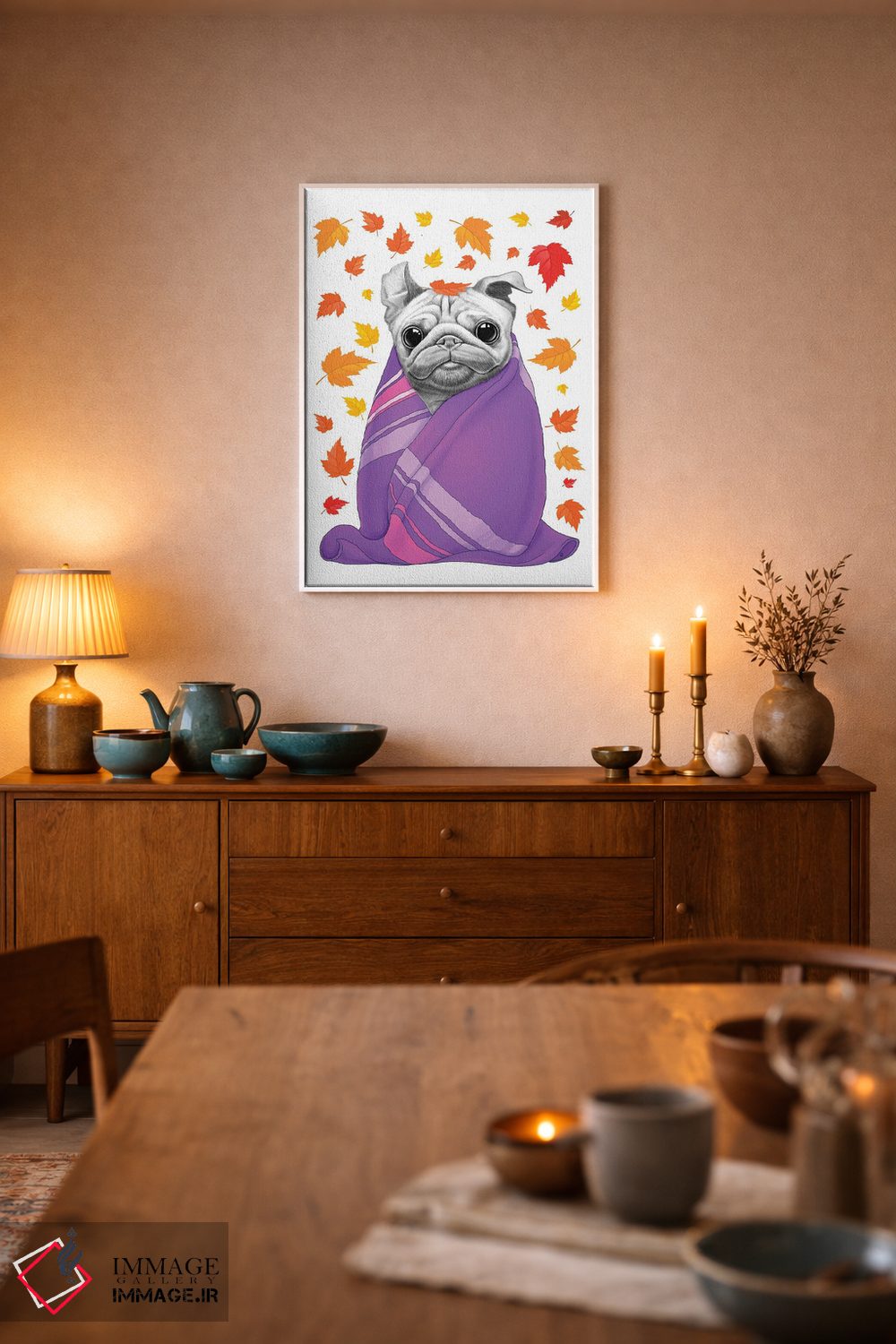 تابلو دکوراتیو پاگ پاییزی با لباس چهارخانه اثر نیکیتا کورنکوف - D3W