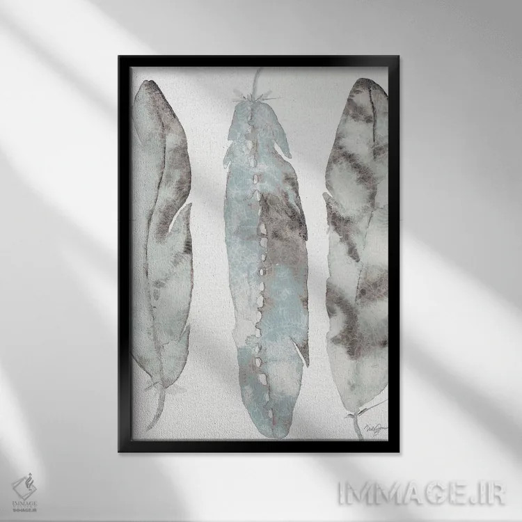 تابلو دکوراتیو سه پر آبی اثر نولا جیمز - نمای قابدار مشکی