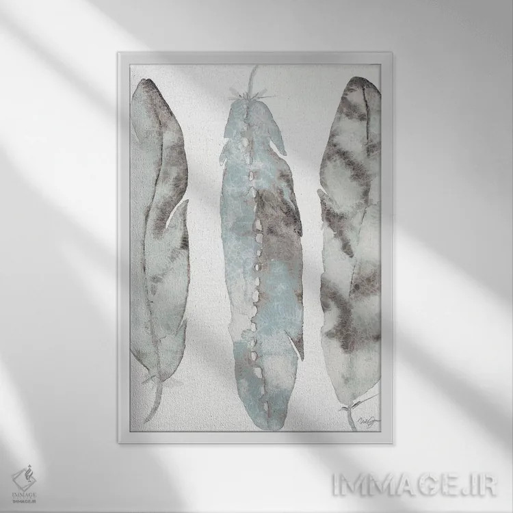 تابلو دکوراتیو سه پر آبی اثر نولا جیمز - نمای قابدار سفید