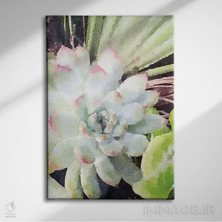 تابلو دکوراتیو ساکولنت سبز آبرنگی اثر نولا جیمز - نمای روبهرو روی دیوار