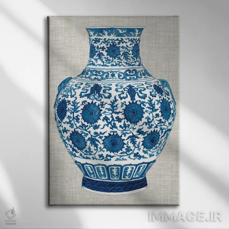 تابلو دکوراتیو گلدان مینگ روی کتان پنجم اثر نائومی مک کاویت - نمای روبهرو روی دیوار