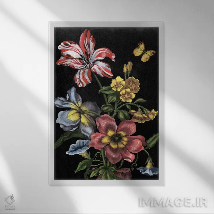 تابلو دکوراتیو گل های تیره یک اثر نائومی مک کاویت - نمای قابدار سفید