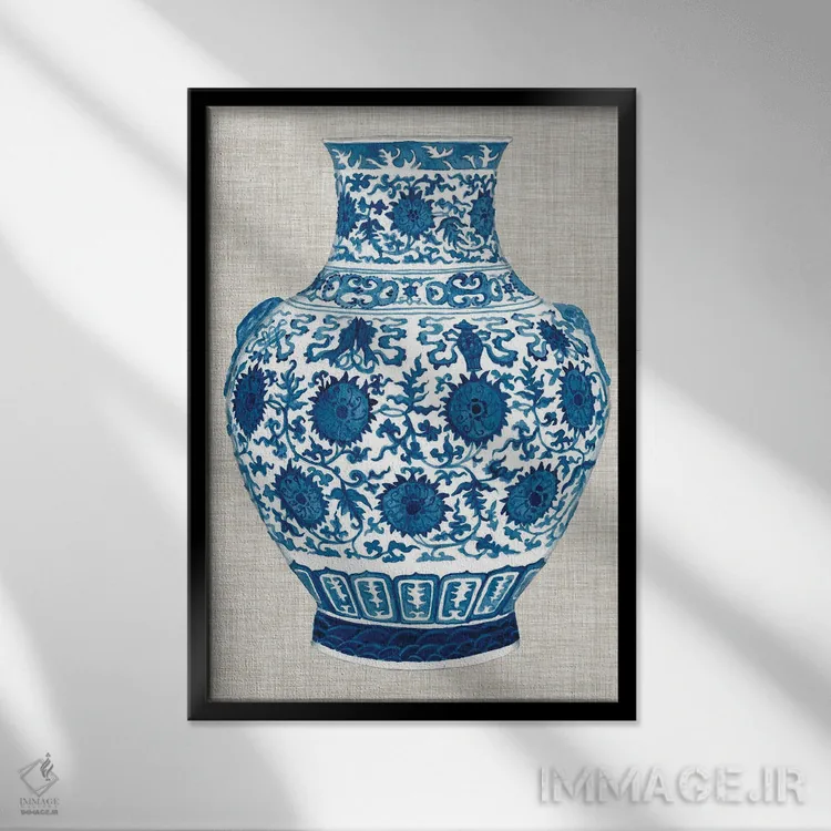 تابلو دکوراتیو گلدان مینگ روی کتان پنجم اثر نائومی مک کاویت - نمای قابدار مشکی