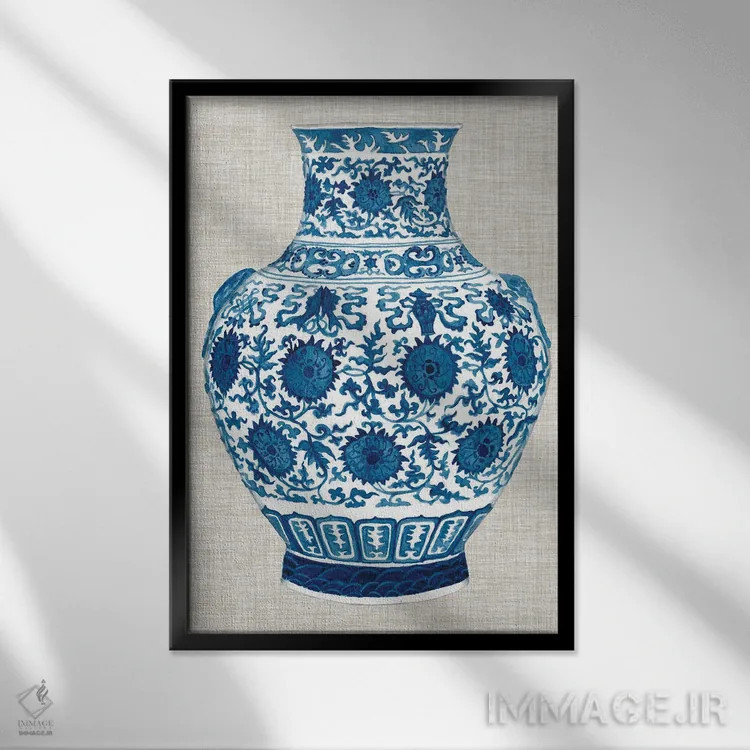 تابلو دکوراتیو گلدان مینگ روی کتان پنجم اثر نائومی مک کاویت - نمای قابدار مشکی