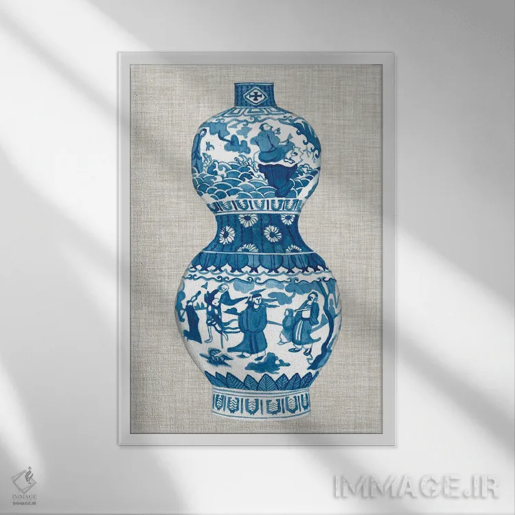 تابلو دکوراتیو گلدان مینگ روی کتان چهارم اثر نائومی مک کاویت - نمای قابدار سفید