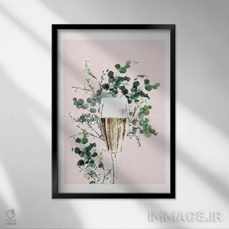 تابلو دکوراتیو لیوان شامپاین صورتی اثر نائومی دیویس - نمای قابدار مشکی