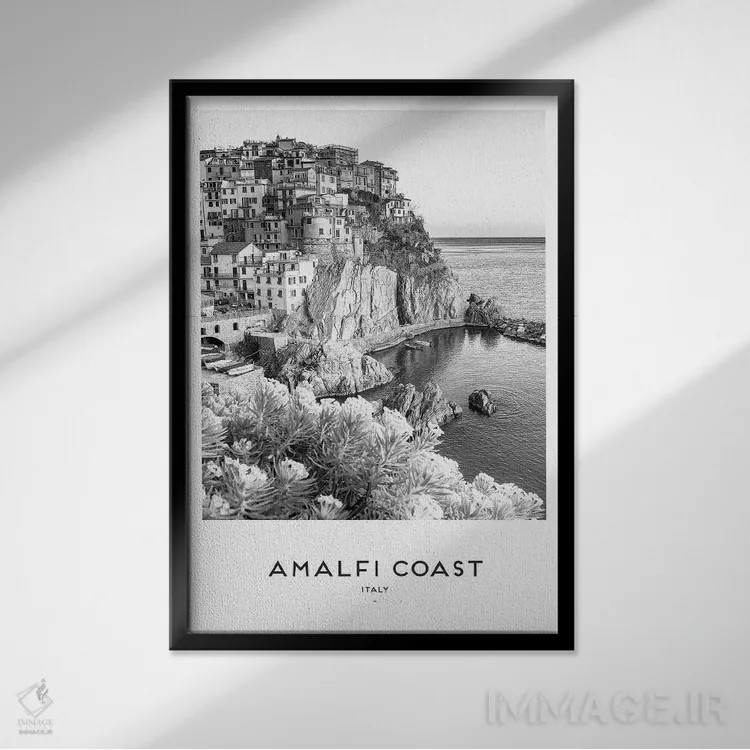 تابلو دکوراتیو ساحل آمالفی سیاه و سفید اثر نائومی دیویس - نمای قابدار مشکی