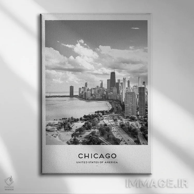 تابلو دکوراتیو شیکاگو آمریکا سیاه و سفید اثر نائومی دیویس - نمای روبهرو روی دیوار