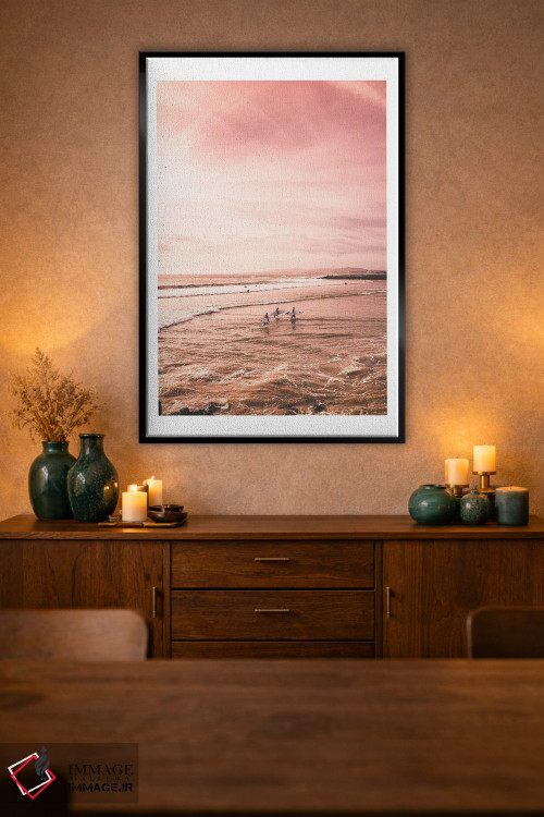تابلو دکوراتیو ساحل غروب با موج سوار اثر نائومی دیویس - D3B