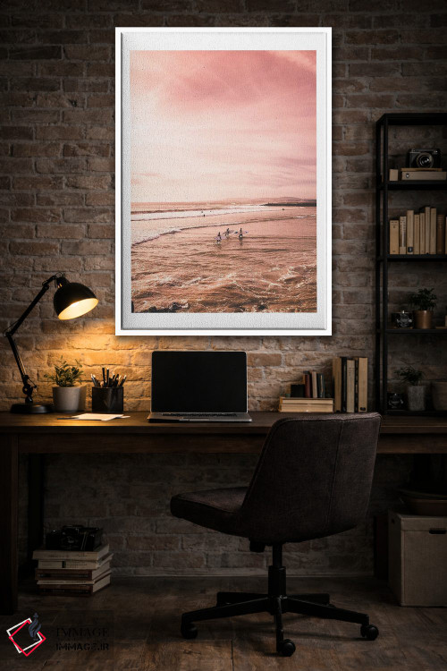 تابلو دکوراتیو ساحل غروب با موج سوار اثر نائومی دیویس - D5W