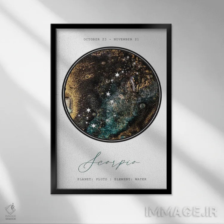 تابلو دکوراتیو صورت فلکی عقرب اثر نائومی دیویس - نمای قابدار مشکی