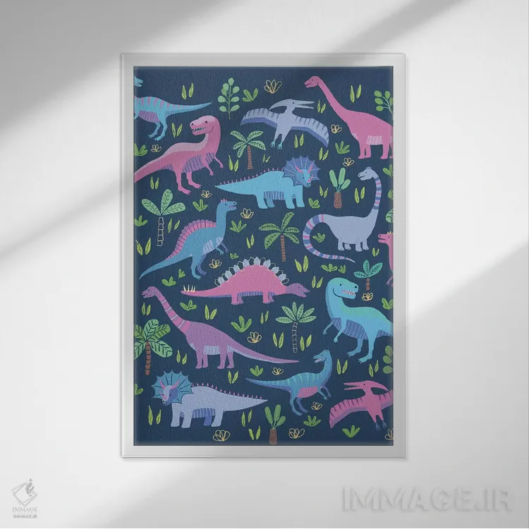تابلو دکوراتیو بازی دایناسوری ۳ اثر نانسی مک کنزی - نمای قابدار سفید