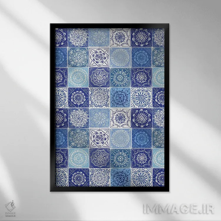 تابلو انتزاعی آشپزخانه آبی خانه ۱ اثر نانسی مک کنزی - نمای قابدار مشکی