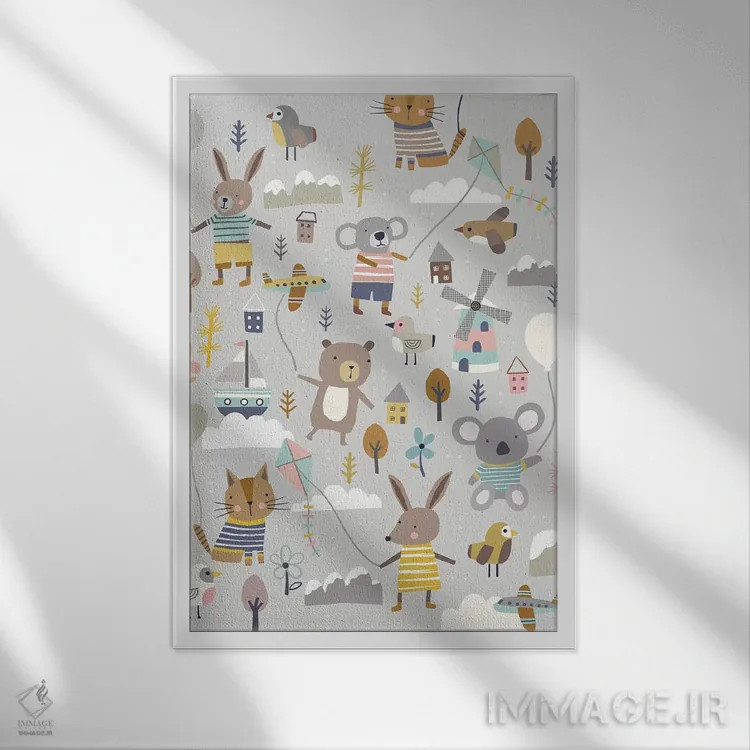 تابلو دکوراتیو ماجراجویی بادکنکی کودکانه ۲ اثر نانسی مک کنزی - نمای قابدار سفید