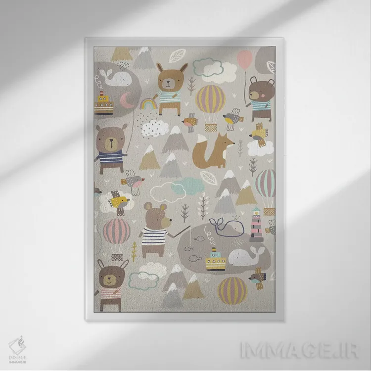 تابلو دکوراتیو ماجراجویی بادکنکی کودکانه ۱ اثر نانسی مک کنزی - نمای قابدار سفید